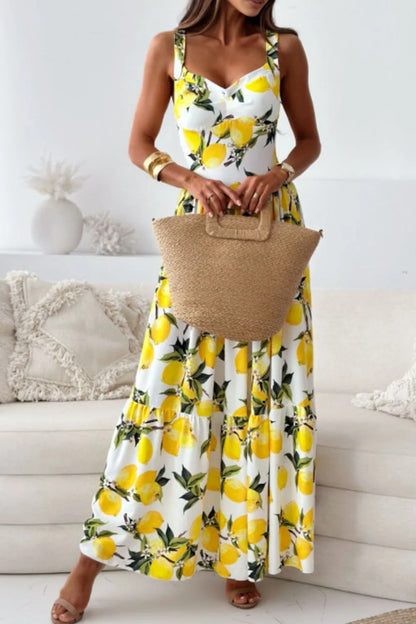 Lemon Print Sweetheart Neck Maxi Dress