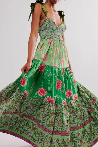 Floral Tiered Maxi Dress with Mixed Print Design