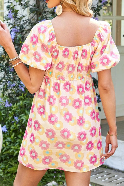 Floral Square Neck Puff Sleeve Pleated Flared Midi Dress