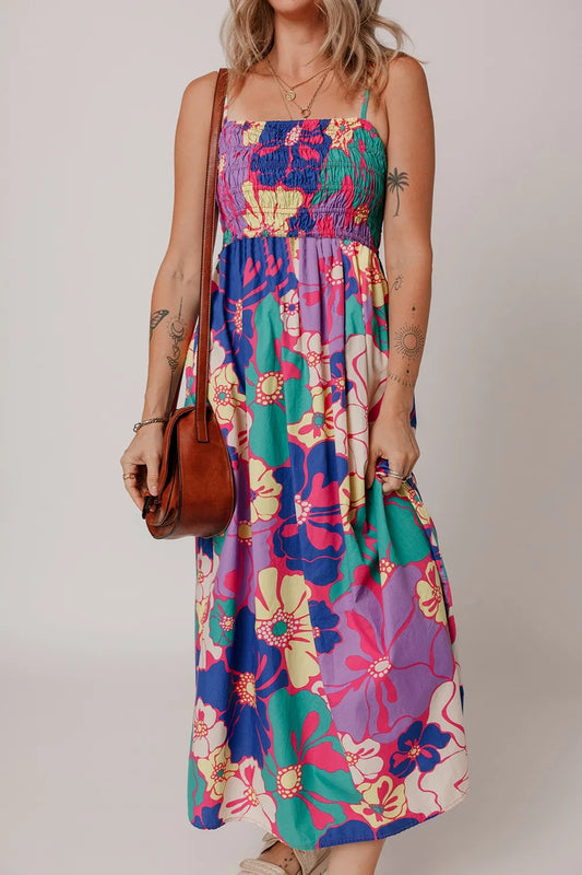 Floral Print Shirred Spaghetti Strap Loose Maxi Dress