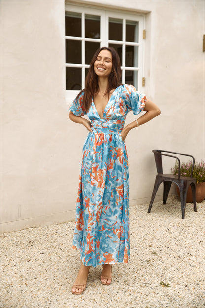Through Oceans Satin Maxi Dress Blue