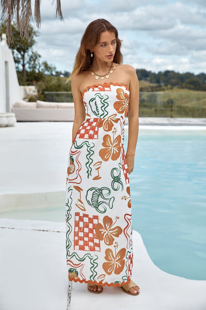 Hawaiian Retreat Strapless Maxi Dress Orange