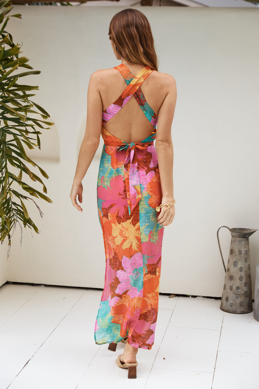 Tropical Retreat Halter Maxi Dress Pink