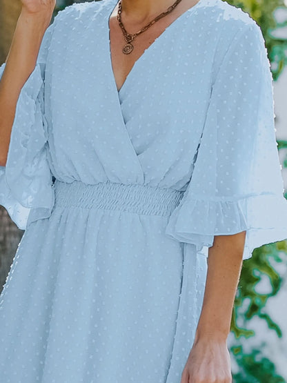Swiss Dot Flare Sleeve Wrap Mini Dress