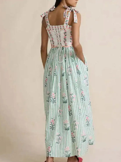 Floral Striped Maxi Cami Dress with Tie Straps