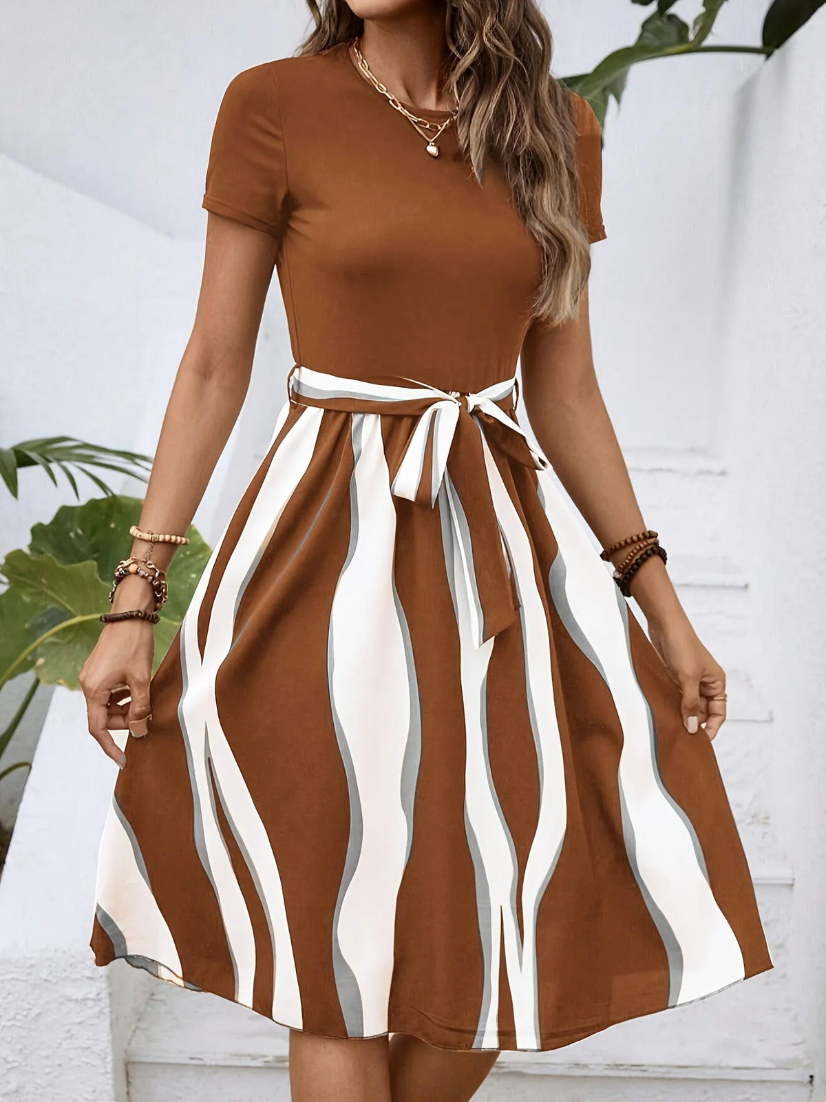 Striped Short Sleeve Tie Waist Dress