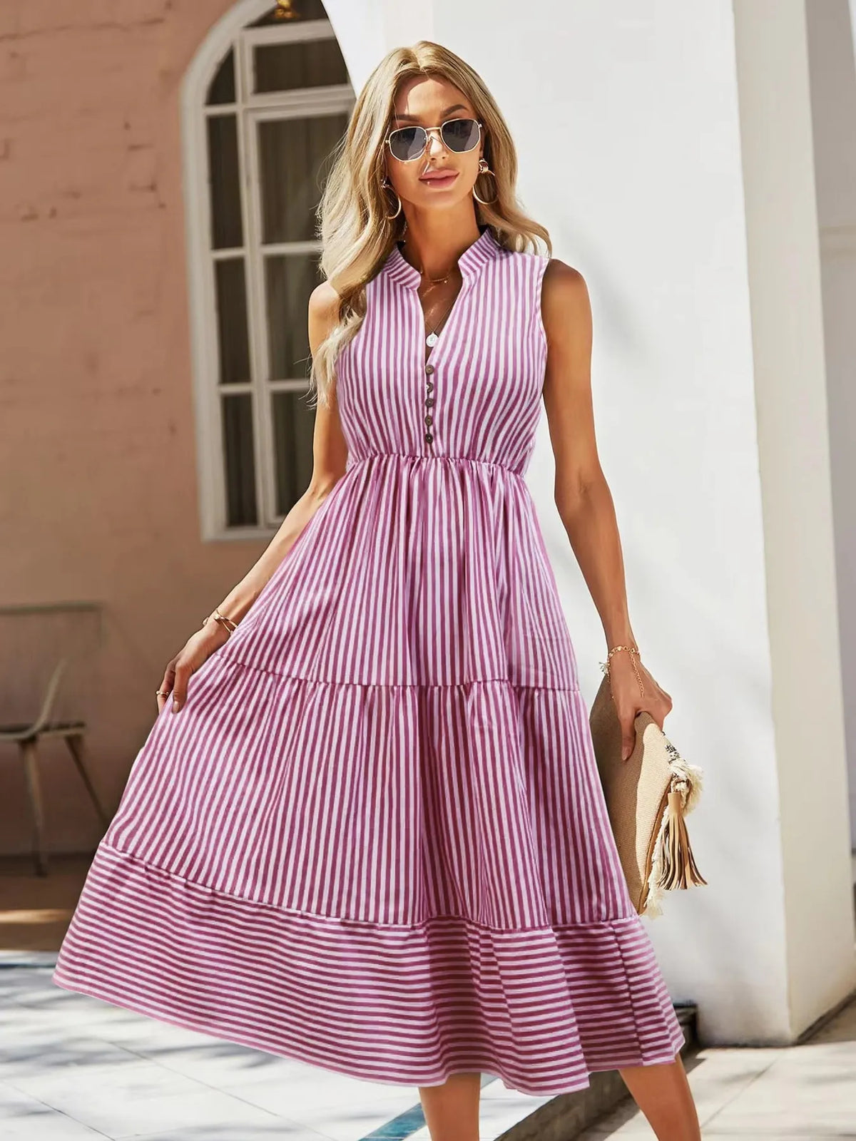 Striped Sleeveless Tiered Midi Dress