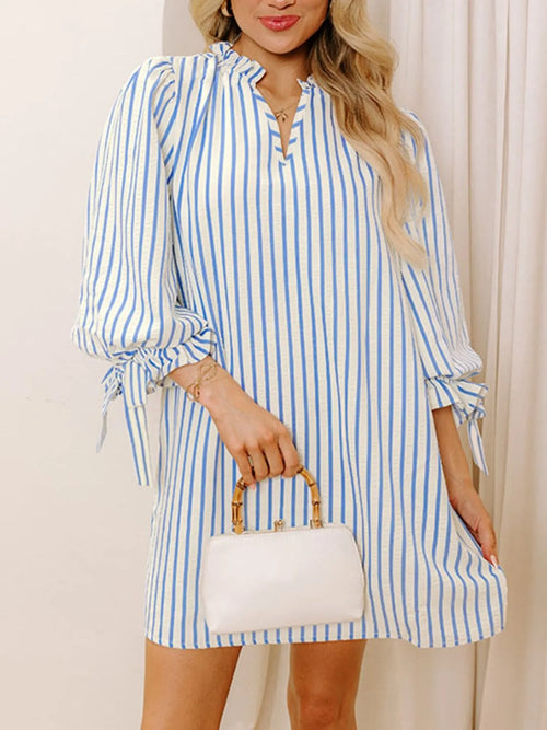 Stripe Knotted Sleeve Notched Shift Mini Dress