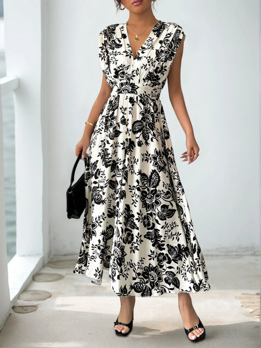 Printed V-Neck Cap Sleeve Dress