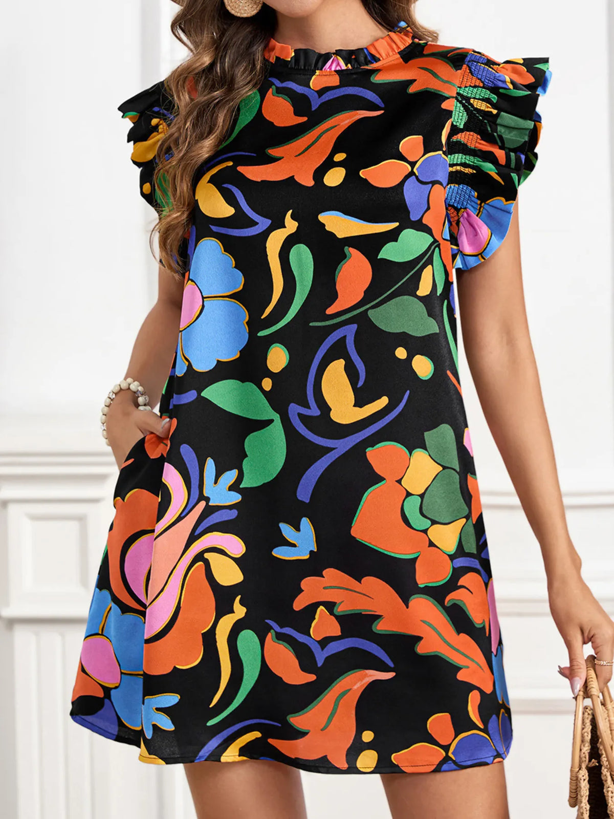 Printed Ruffle Sleeve Mini Dress