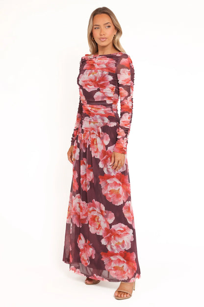 Calypso Long Sleeve Maxi Dress - Burgundy Peony