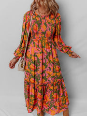 Smocked Floral Print Long Sleeve Maxi Dress