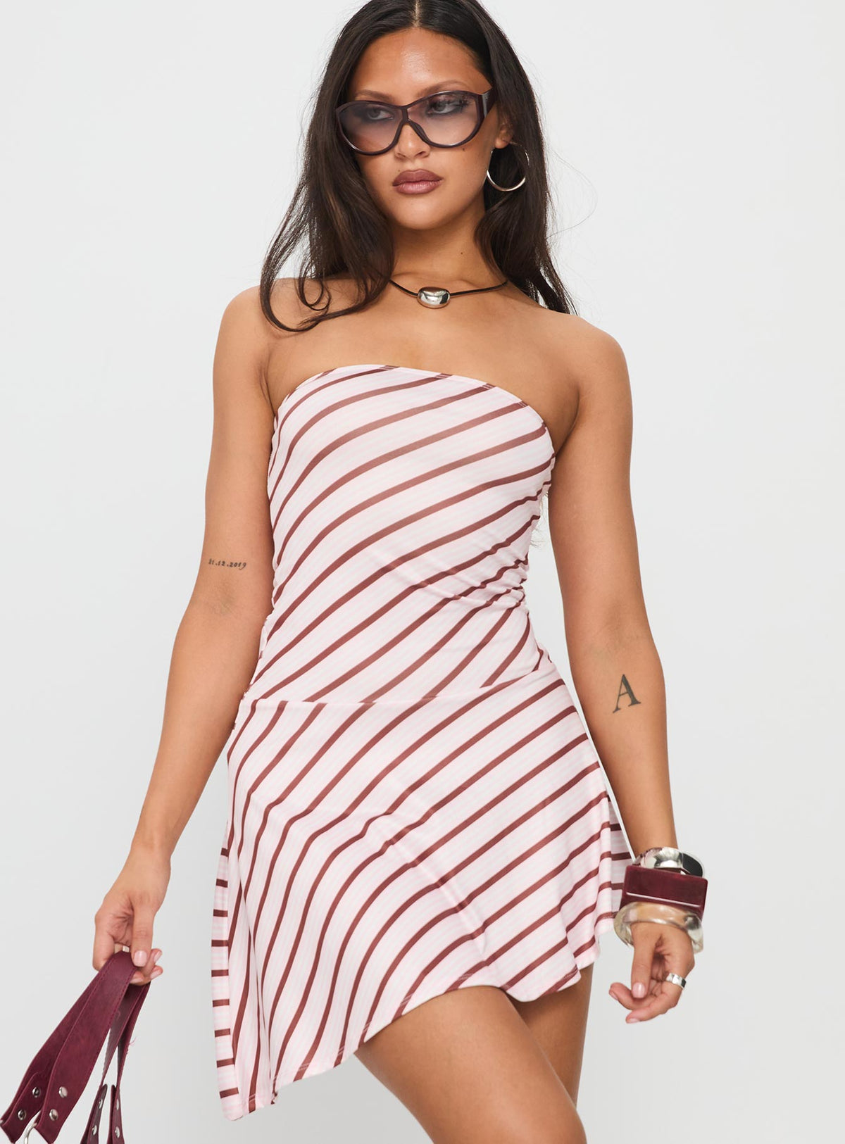 Kagari Dress Diagonal Stripe Pink