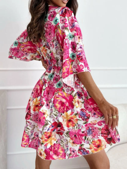 Floral Print V-Neck Ruffle Mini Dress