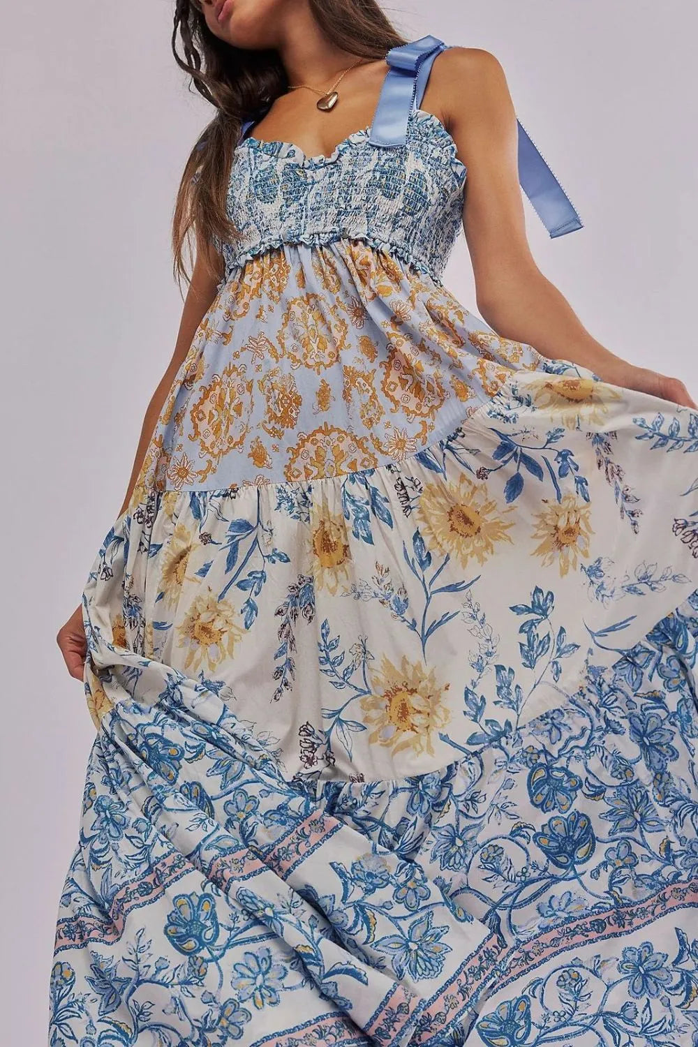 Floral Tiered Maxi Dress with Mixed Print Design