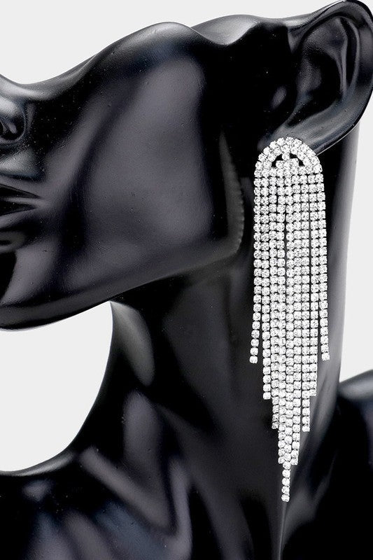 Rhinestone Fringe Drop Earrings - Silver