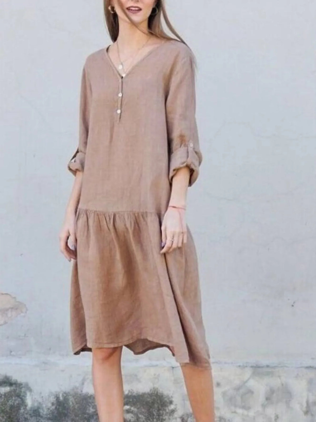 V-Neck Tiered Button Front Dress