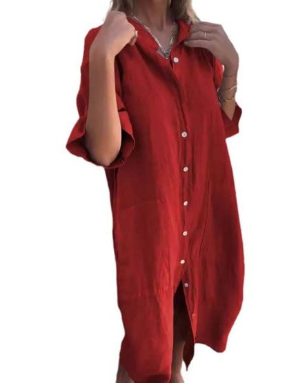 Full Size Casual Linen Button-Down Shirt Dress Plus Size