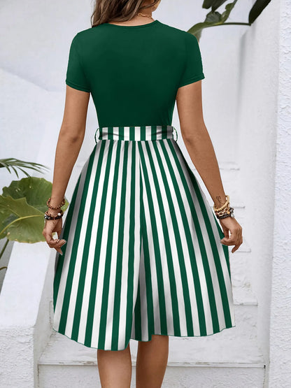 Striped Round Neck Short Sleeve Dress