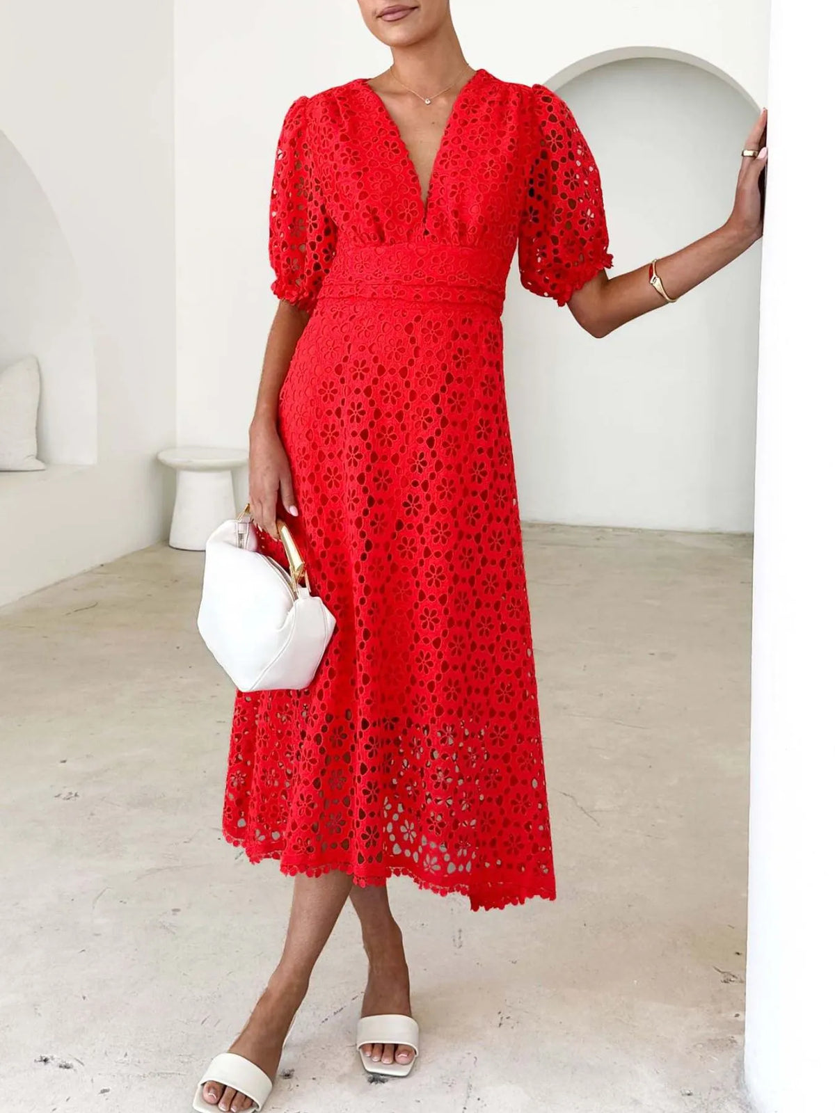 Eyelet Lace V-Neck Midi Dress with Puff Sleeves