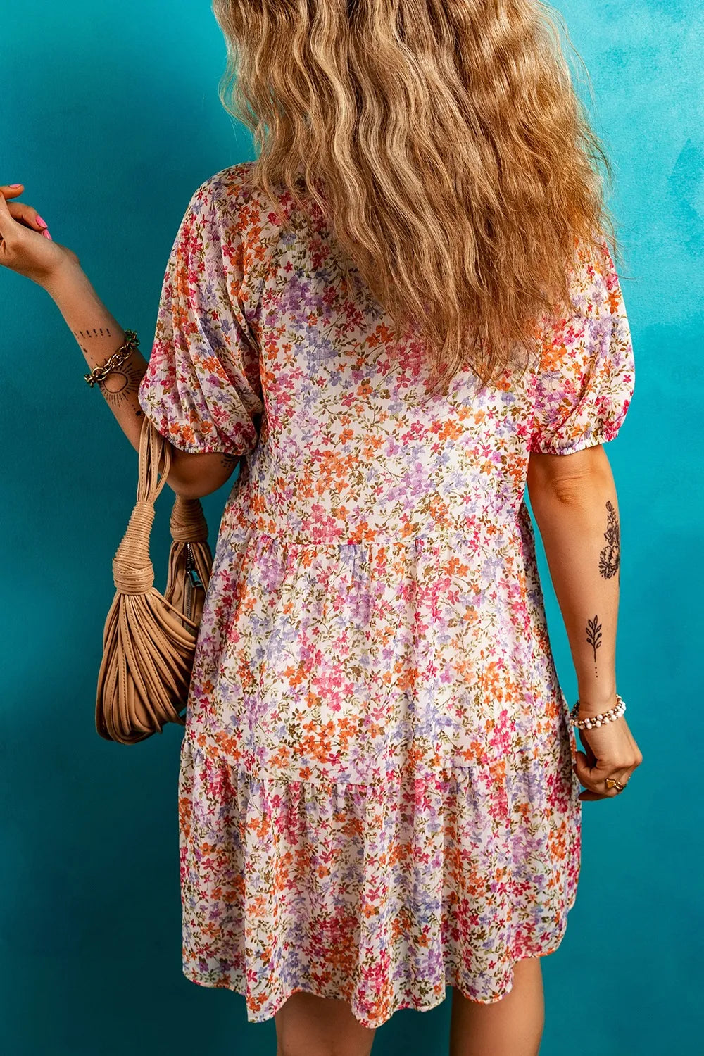 Floral Puff Sleeve Notched Tiered Mini Dress