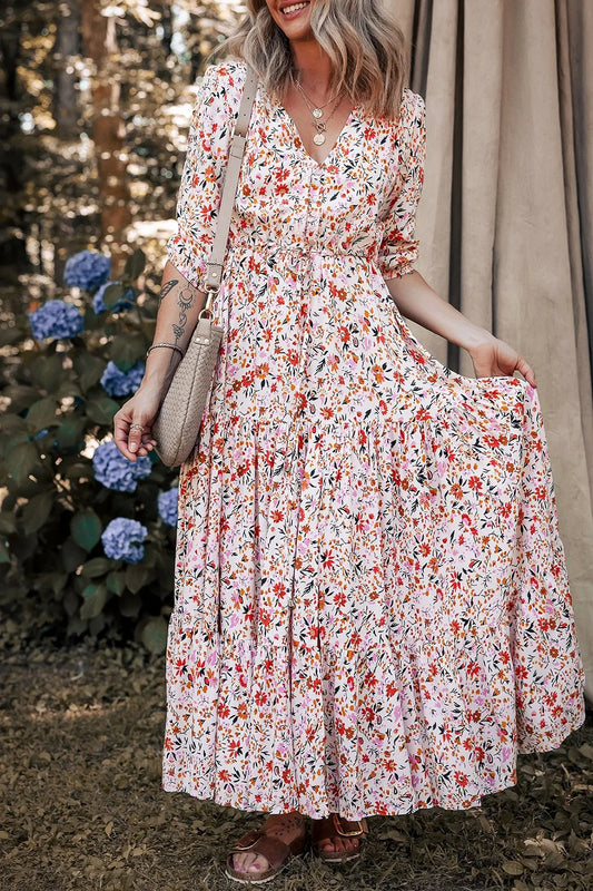 Boho Half Sleeve Floral V Neck Maxi Dress