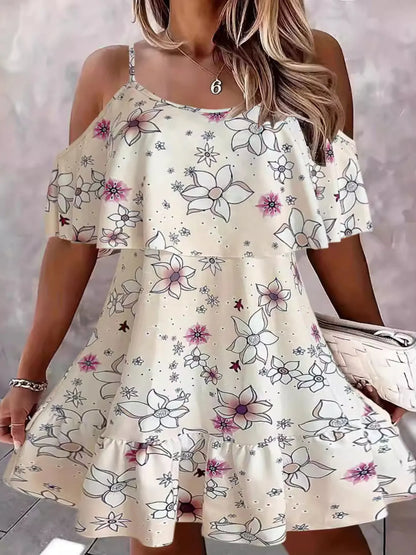 Floral Cold Shoulder Ruffle Mini Dress