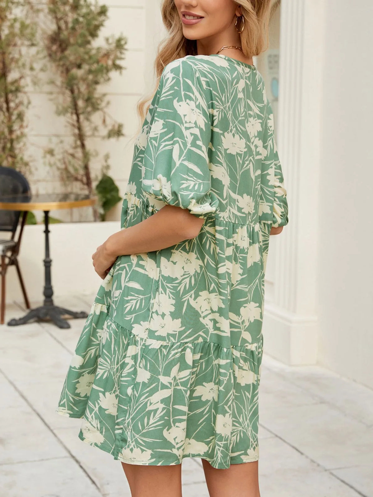 Printed V-Neck Ruffle Hem Mini Dress