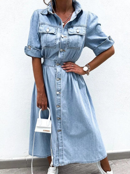 Full Size Button Down Roll-Up Sleeve Denim Shirt Dress Plus Size