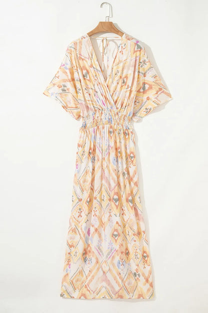 Printed Half Sleeve Shirred High Waist Maxi Dress