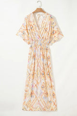 Printed Half Sleeve Shirred High Waist Maxi Dress