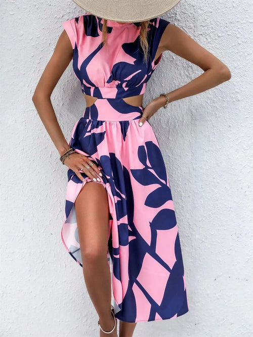 Cutout Printed Cap Sleeve Midi Dress