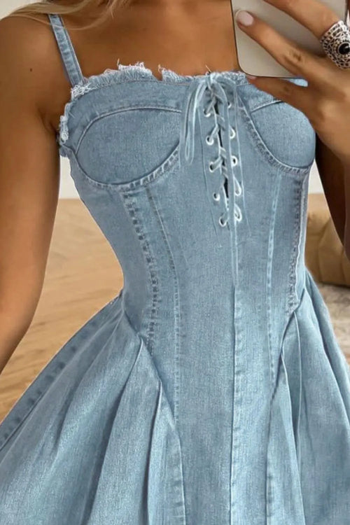 Lace Up Denim Cami Dress