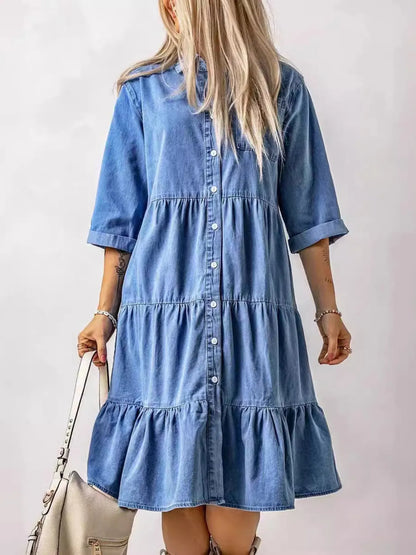 Full Size Ruffled Hem Button Up Denim Midi Dress Plus Size