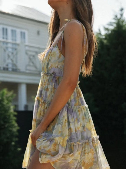 Printed Tie-Strap Tiered Mini Dress
