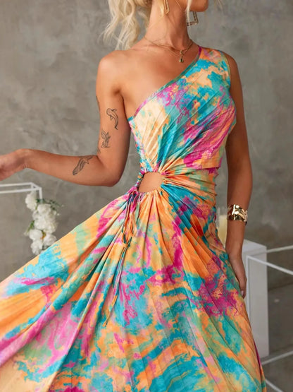 Printed One Shoulder Asymmetrical Maxi Dress