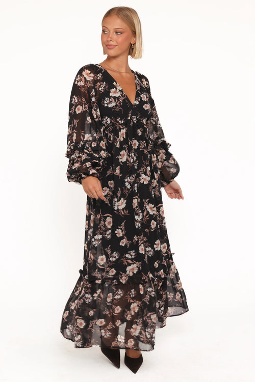 Evian Long Sleeve Maxi Dress - Black Floral