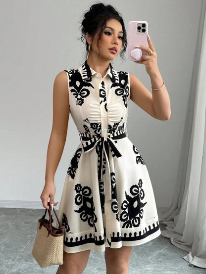 Printed Sleeveless Button Front Dress