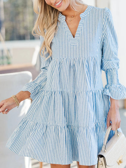 Striped Tiered Flounce Sleeve Shirt Dress