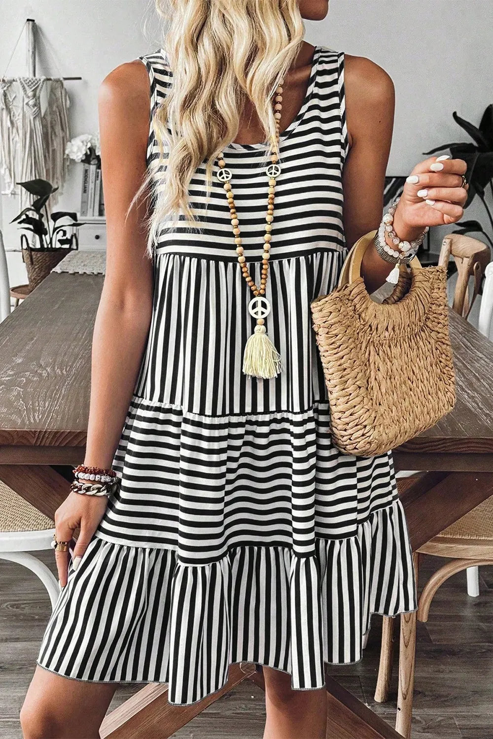 Striped Round Neck Sleeveless Mini Dress