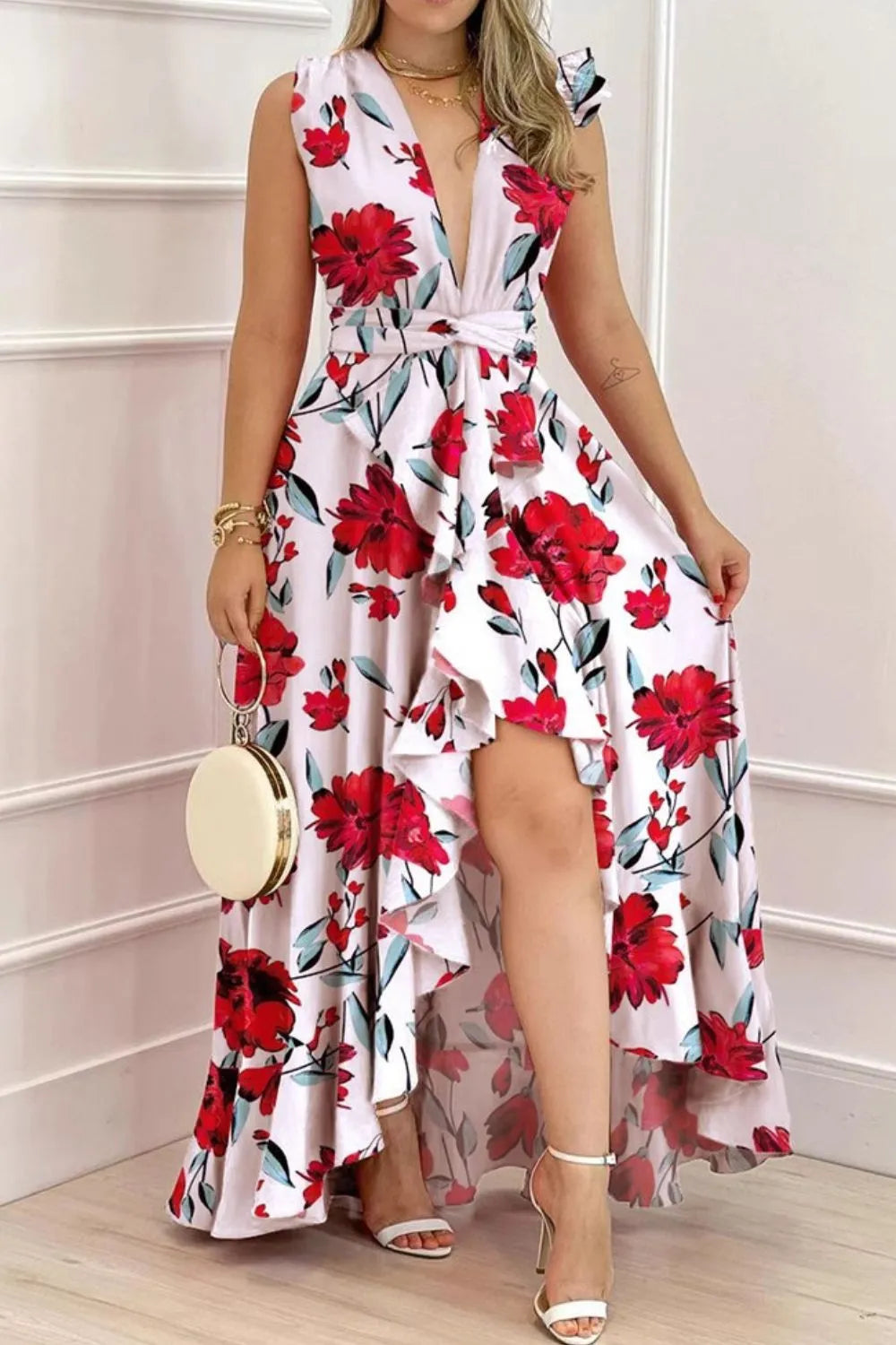 Ruffled Plunge Sleeveless Maxi Dress
