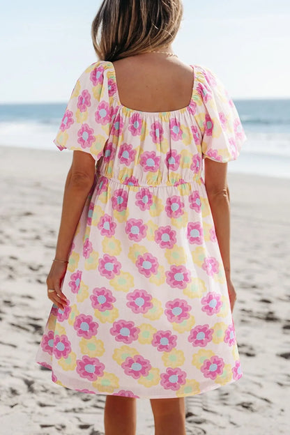 Floral Square Neck Puff Sleeve Pleated Flared Midi Dress