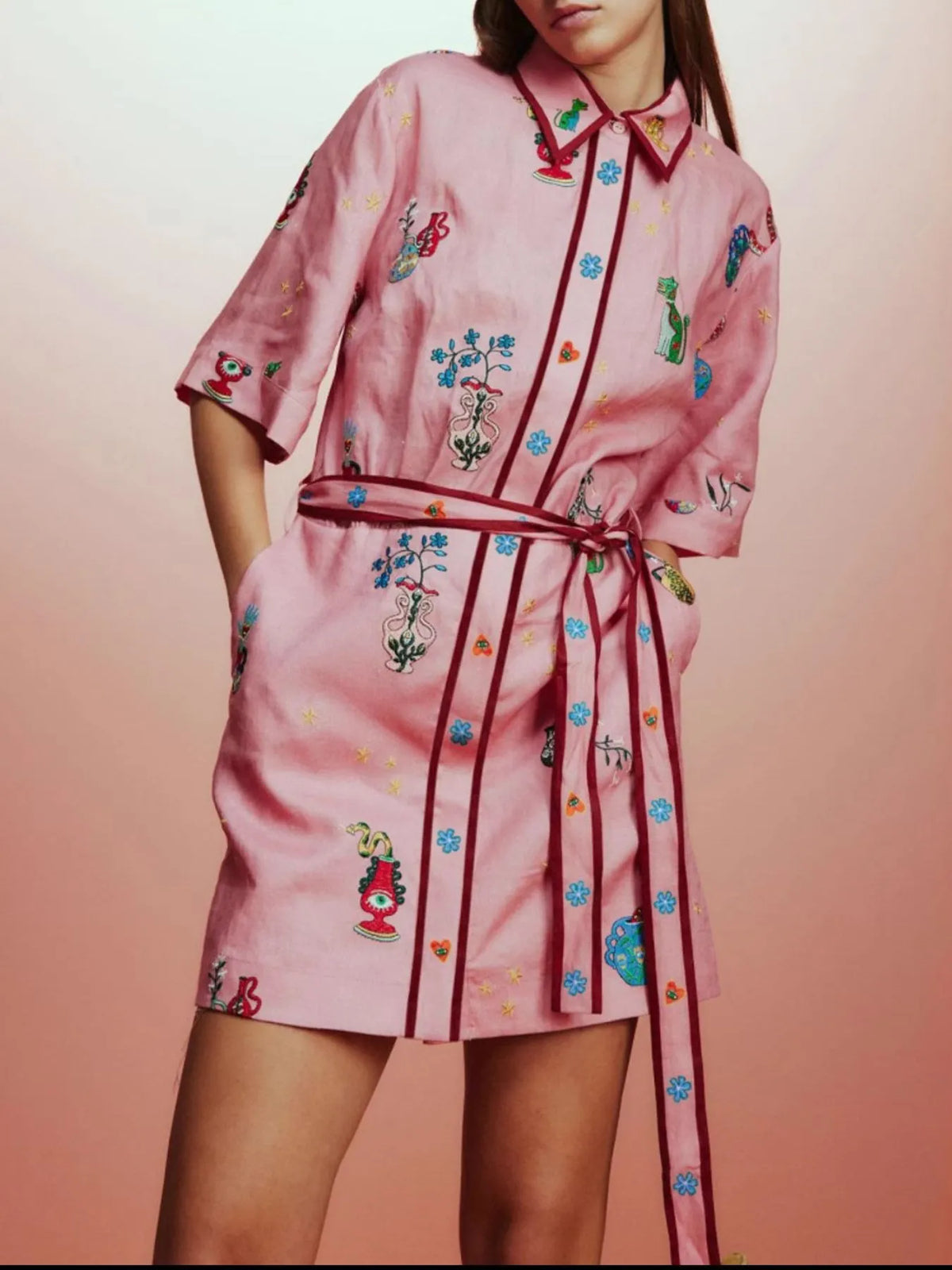 Printed Tie Waist Half Sleeve Shirt Dress