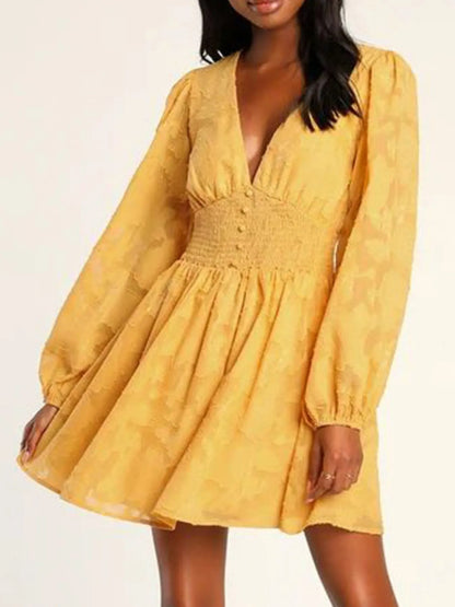Smocked V-Neck Balloon Sleeve Dress
