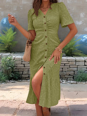 Eyelet Button Front V-Neck Midi Dress