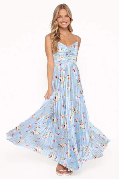 Naira Pleated Maxi Dress - Cornflower Blue Floral