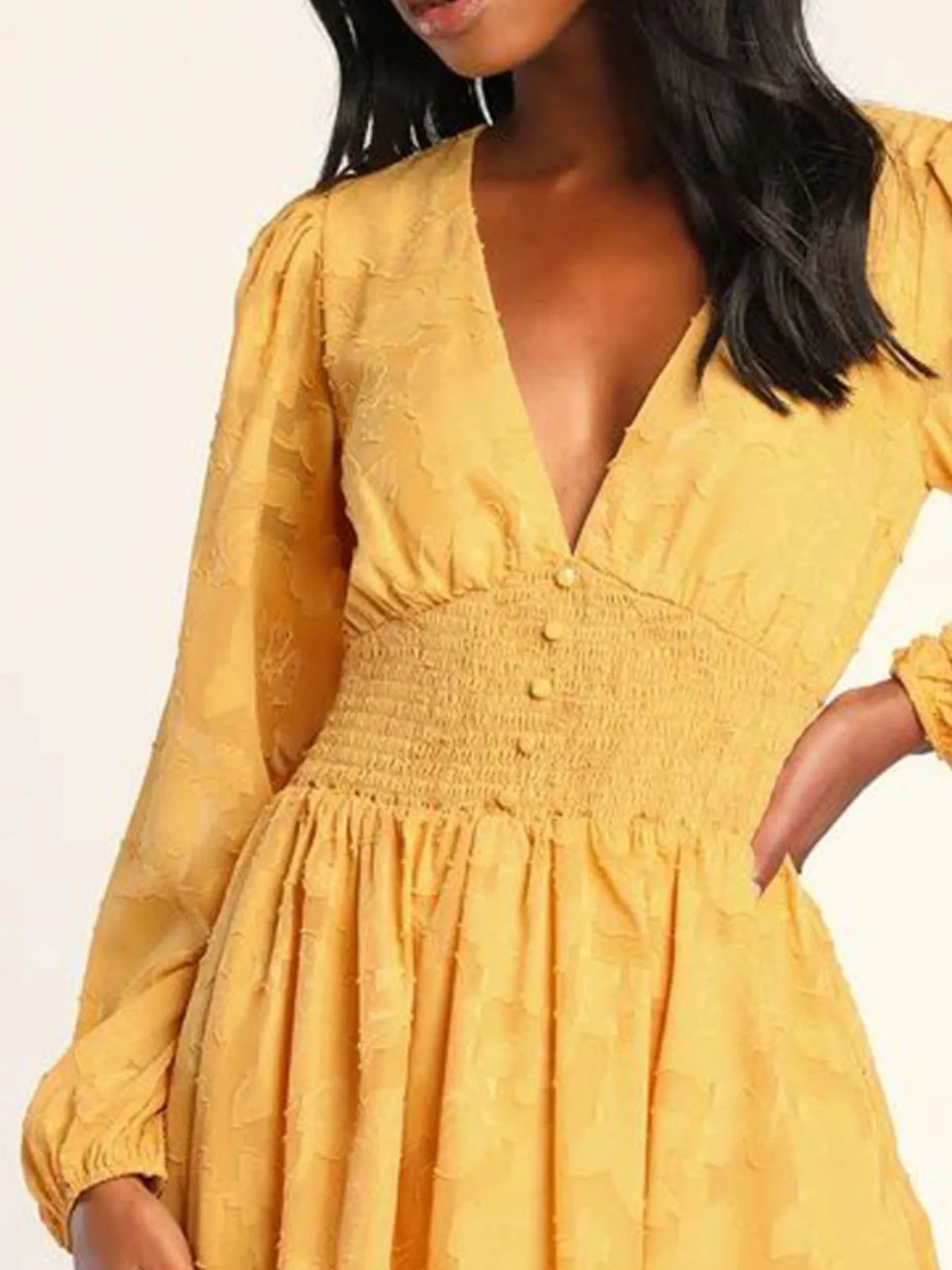 Smocked V-Neck Balloon Sleeve Dress