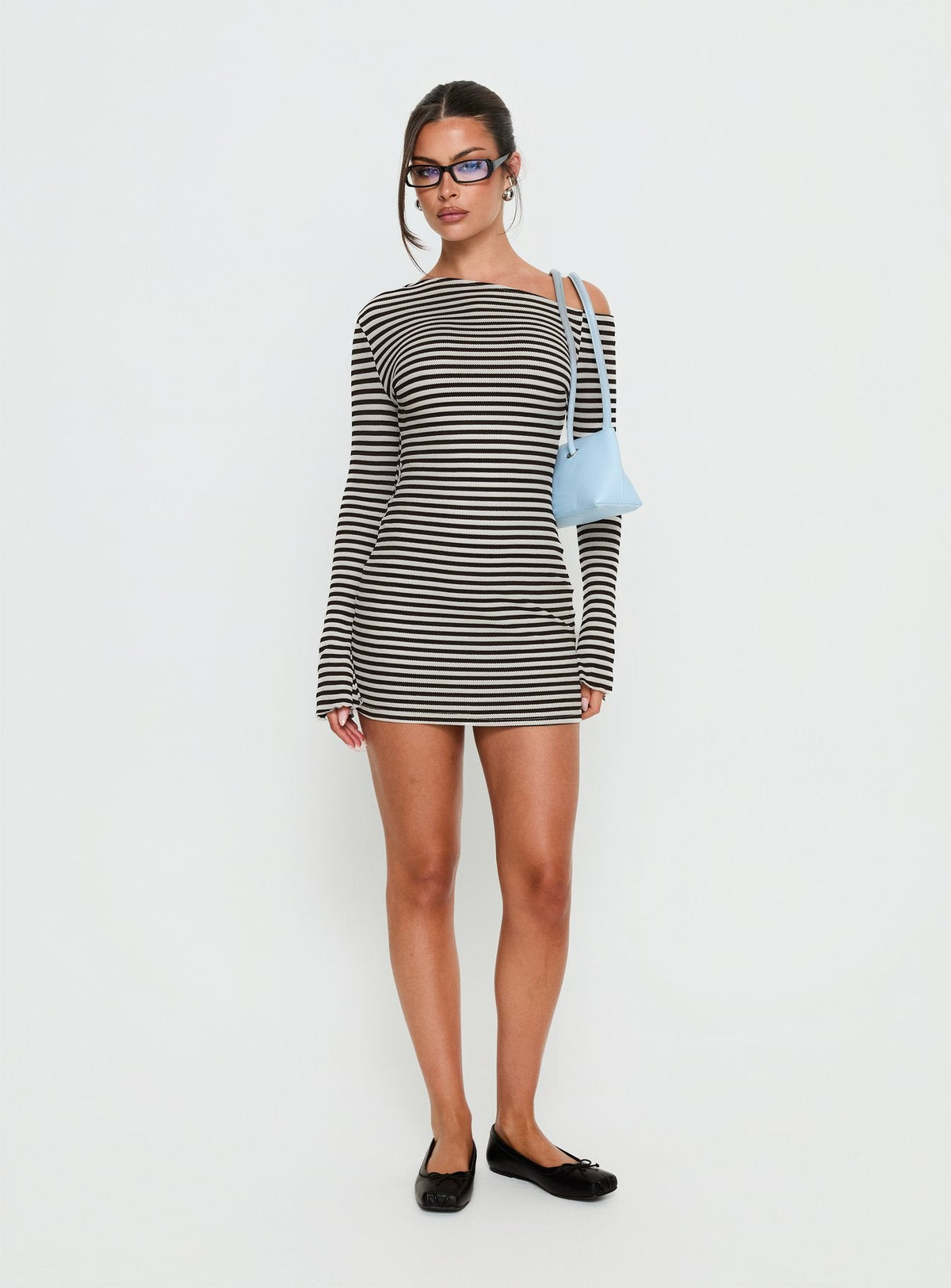 Journi Off Shoulder Long Sleeve Mini Dress Black / White Stripe