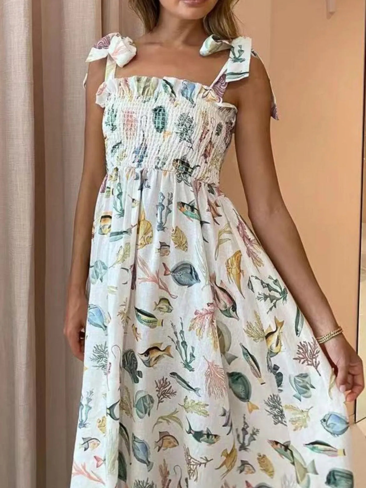 Floral Tie Shoulder Smocked Bodice Summer Dress