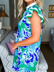 Green Floral Ruffle Puff Sleeve Neckline Dress